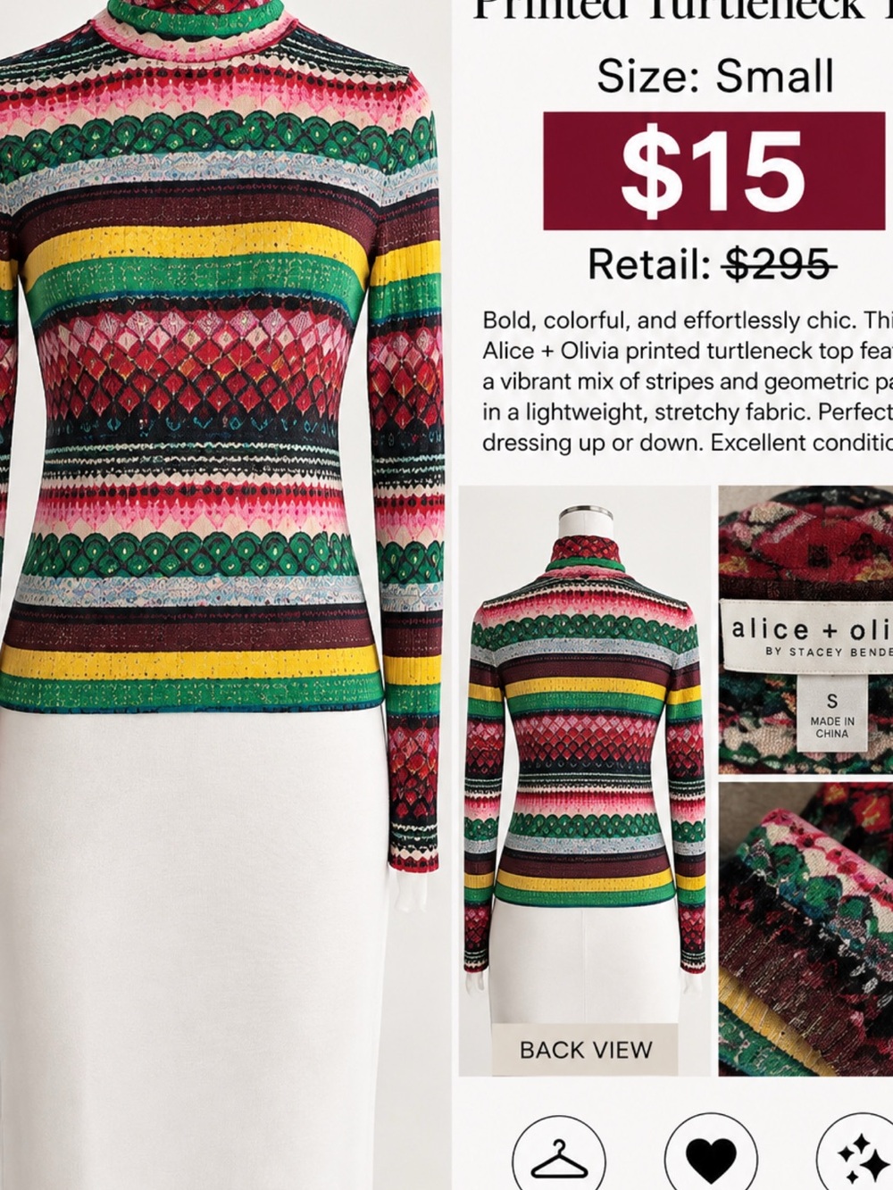 Alice + Olivia Multicolor Striped Geometric Turtleneck Sweater